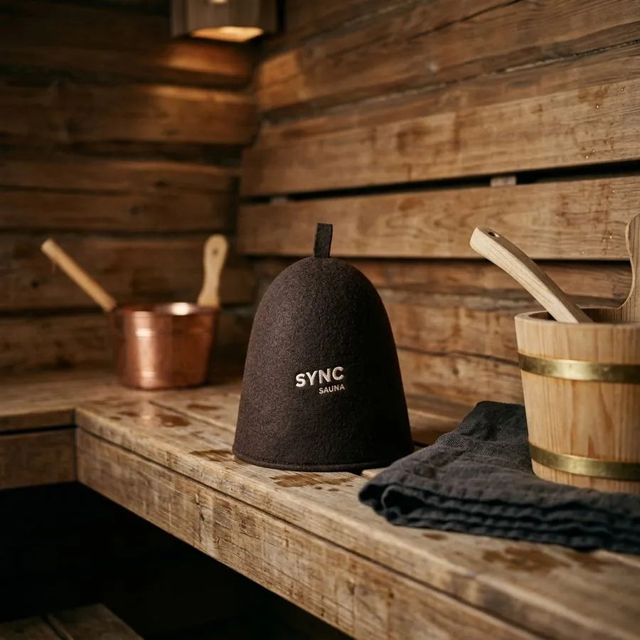 SYNC saunahue i Dark Cocoa på en saunabænk