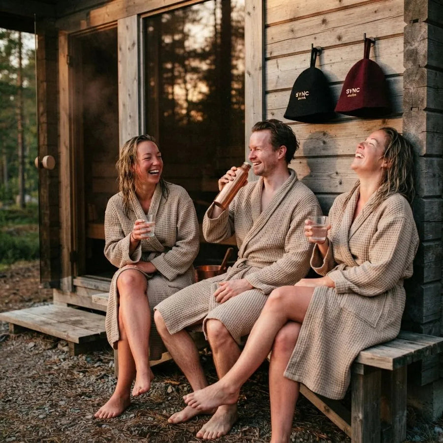 Tre venner i badekåber griner på en bænk foran en træsauna, to SYNC saunahuer hænger på væggen (AI-genereret billede)